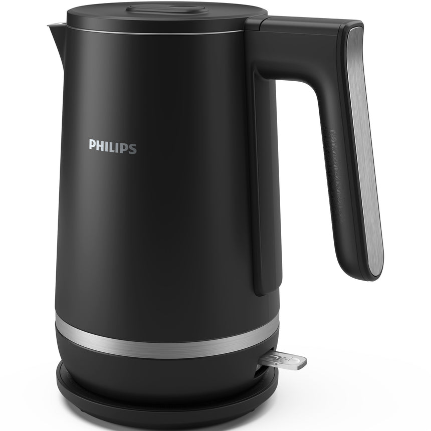 Fierbator cu perete dublu Philips HD9395/90 seria 5000, Capacitate de 1,7 l, Otel inoxidabil, Baza la 360 de grade, Capac cu eliberare cu arc, Protectie impotriva incalzirii in gol, Indicator de ceasca, Negru