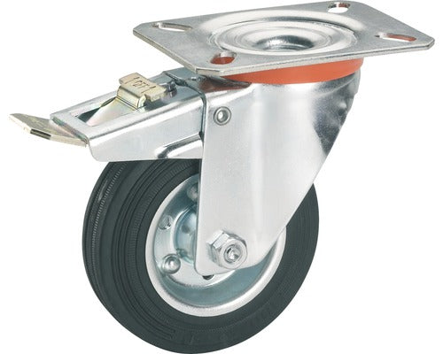 Roata Pivotanta Metalica & Cauciuc Plin Tarrox Ø100mm, Placa Fixare 105x80 Mm, Cu Rulment Si Frana