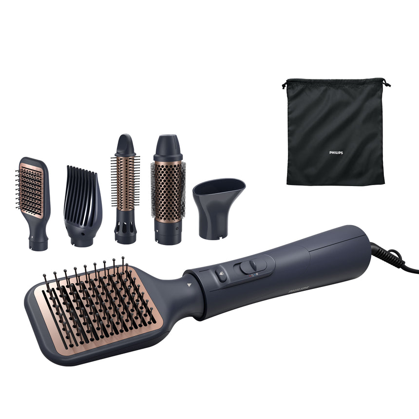 Perie cu aer cald Philips Seria 5000 BHA530/00, 1000W, tehnologie de distributie uniforma a caldurii, de 4 ori mai multi ioni, 5 accesorii, diametru perie 38mm, setare temperatura de ingrijire si aer rece, accesoriu de volum, infuzata cu ulei de argan