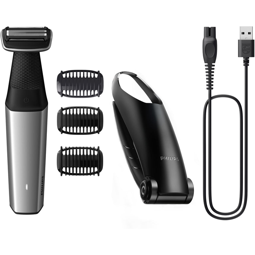 Aparat de tuns/ras corporal PHILIPS BG5021/15 seria 5000, folie hipoalergenica, autonomie 60 minute/ timp incarcare 1 ora, functie incarcare rapida 5 minute, 3 x pieptene pentru corp (2, 3, 5 mm), maner pentru spate, gri