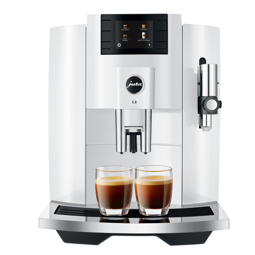 Espressor automat JURA E8 Piano White (EC), rasnita conica P.A.G 2, trei tipuri de extractie, 17 bauturi, duza spumare lapte, meniu limba romana, capacitate preparare 5-16 gr, alb