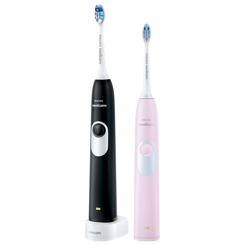 Set de 2 periute electrice sonice Philips Sonicare HX6232/41, 62000 miscari/minut, 1 mod de curatare, SmarTimer, Quadpacer, 2 capete de periere, Negru/Roz pastel