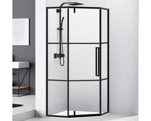 Paravan de dus pentagonal Belform Infinity 27CB2934, 1 usa batanta, geam 6mm, cu dungi negre, profil negru mat, 90x90x200 cm