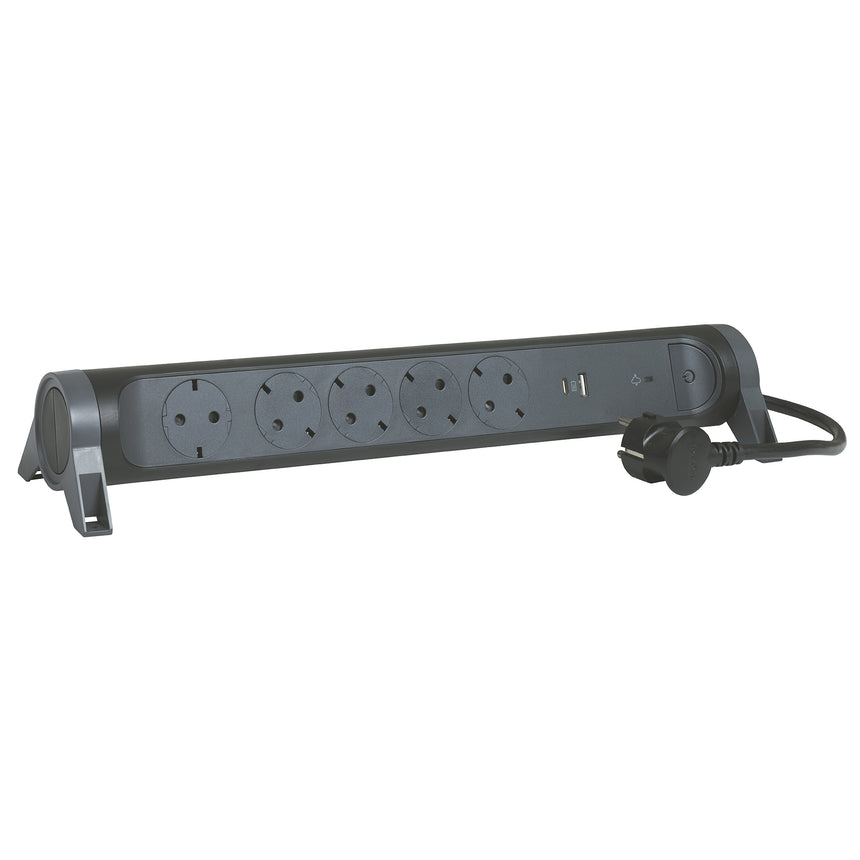 Prelungitor rotativ Legrand Revolution L694514, USB tip A si C, 3A-5V 15W, 5 prize, protectie supratensiune, intrerupator iluminat, indicator LED, sectiune cablu 3x1.5mm, cordon 1.5m, Negru/Gri inchis