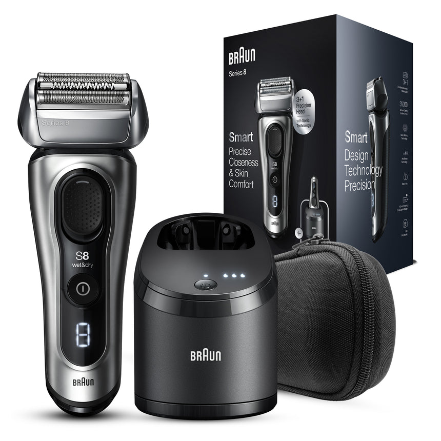 Aparat de ras electric Braun Series 8 8467cc Wet&Dry, 30.000 de actiuni de taiere, 4 elemente de taiere, SensoFlex, AutoSense, Statie de curatare si incarcare, Trusa de voiaj, Argintiu