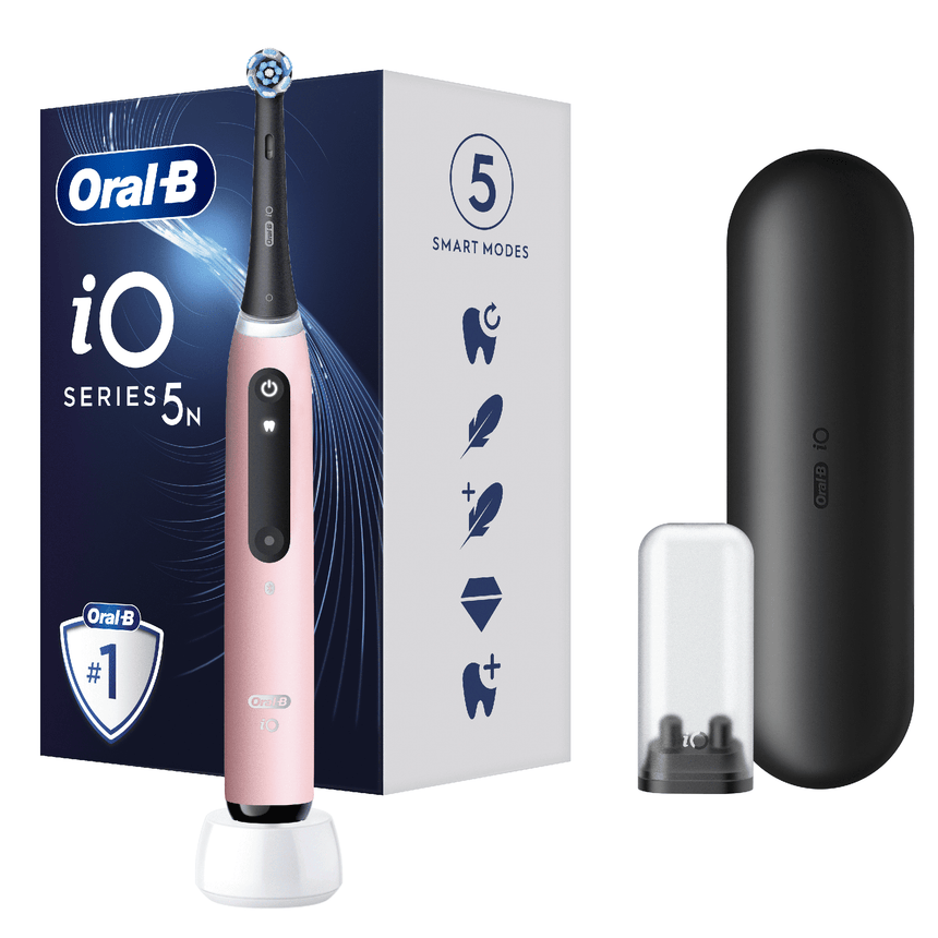 Periuta de dinti electrica Oral-B iO5 cu Tehnologie Magnetica si Micro-Vibratii, Inteligenta artificiala, Display conversational, Senzor de presiune Smart, 5 moduri, 1 capat, Trusa de calatorie, Roz