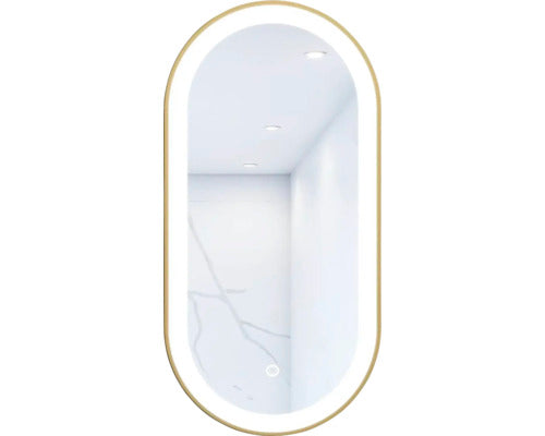 Oglinda Baie Cu Led Cordia Oval Line Premium 100x50 Cm Rama Aurie Senzor Touch Ip 44