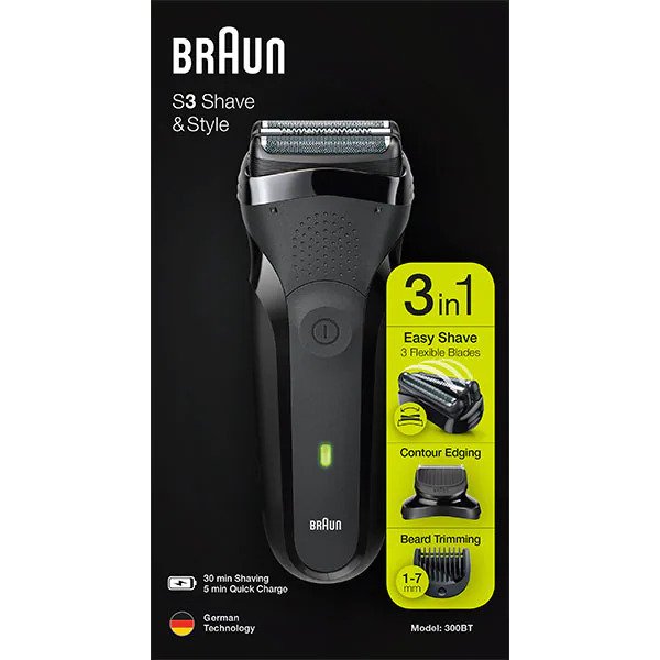 Set Aparat de ras BRAUN Series 3 300BT Shave&Style. Acumulator. Autonomie 30 min. Wet&Dry. Negru