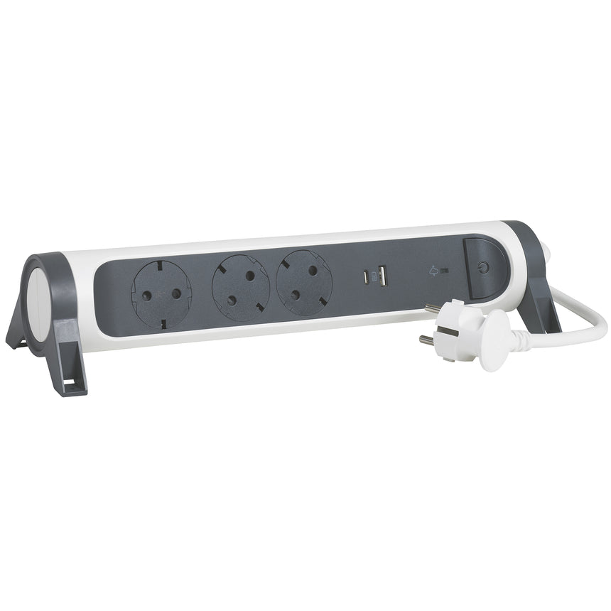 Prelungitor rotativ Legrand Revolution L694508, USB tip A si C, 3A-5V 15W, 3 prize, protectie supratensiune, intrerupator iluminat, indicator LED, sectiune cablu 3x1.5mm, cordon 1.5m, Alb/Gri