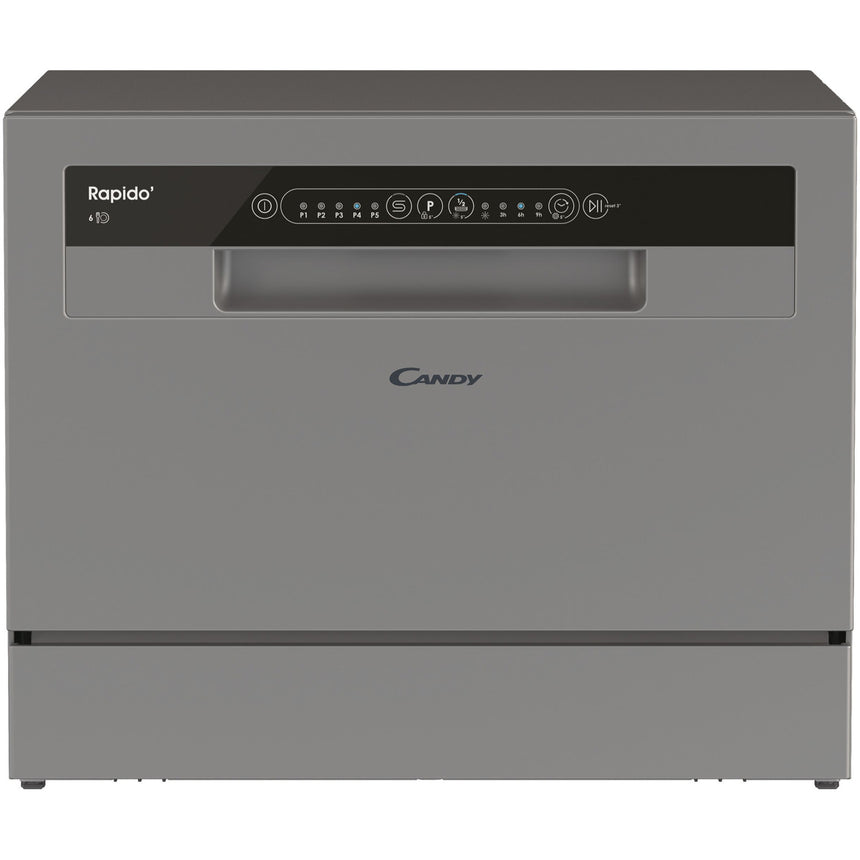 Masina de spalat vase compacta Candy Rapido CP 6E51LS, 6 seturi, 5 programe, Clasa E, Pornire intarziata, Program scurt 35', 55 cm, Argintiu