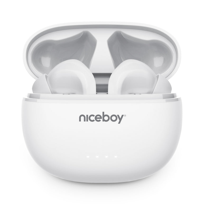 Casti audio in-ear Niceboy HIVE Pins ANC 3, True Wireless, Bluetooth 5.3, Active Noise Cancelling, Microfon, asistent vocal, mod Gaming, mod Ambient, aplicatie mobila, control tactil, IPX4, incarcare rapida, autonomie de pana la 40 ore, Alb