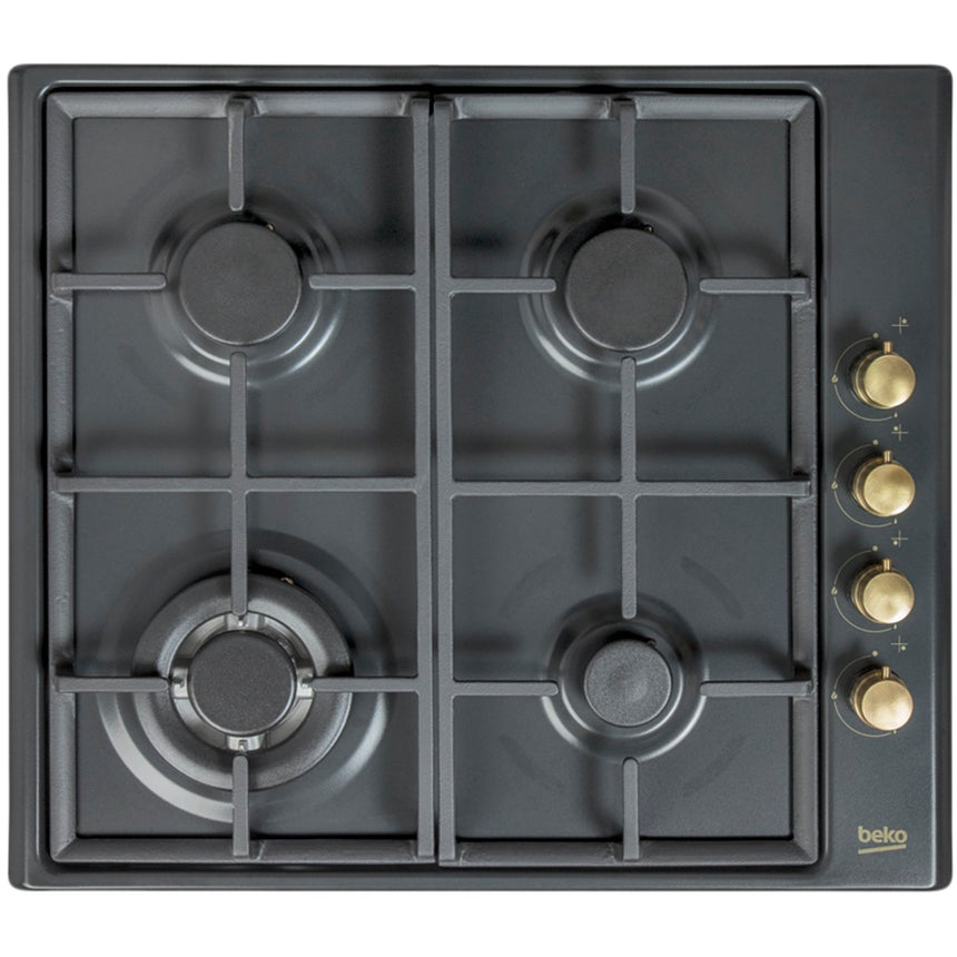Plita incorporabila rustica Beko HIZG64125SAR, Gaz, 4 Arzatoare, Wok, Gratar fonta, Aprindere electrica, 58 cm, Antracit