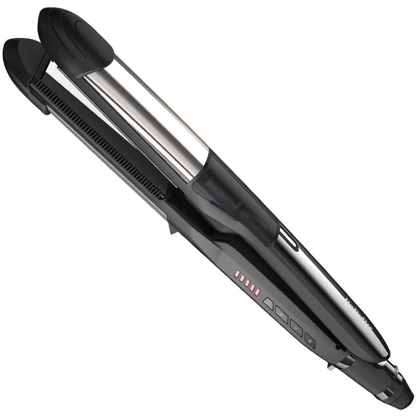Placa de indreptat parul BaByliss Ultra Sonic Steam ST495E, 39 x110 mm, Ionizare, 5 trepte temperatura 150°-230°C, functie Steam, oprire automata, suport, Inox