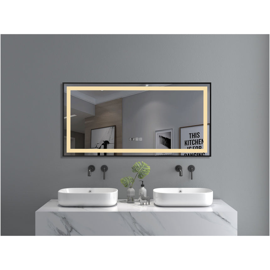 Oglinda baie Belform Infinity, cu iluminare LED 3 culori, intrerupator Touch, ceas, functie dezaburire, 120x60 cm, rama aluminiu neagra, clasa energetica F