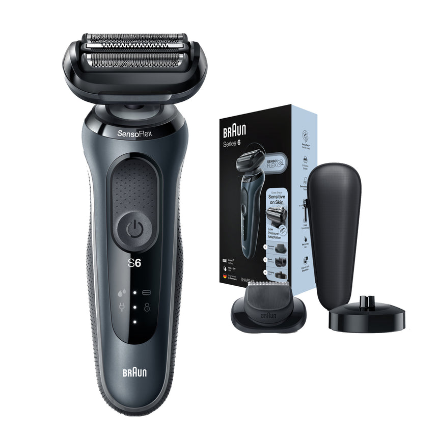 Aparat de ras electric Braun Series 6 61-N4500cs Wet&Dry, AutoSense, 4 elemente de taiere, SensoFlex, Statie de incarcare, accesorii pentru ingrijirea barbii, Trusa de voiaj, Gri