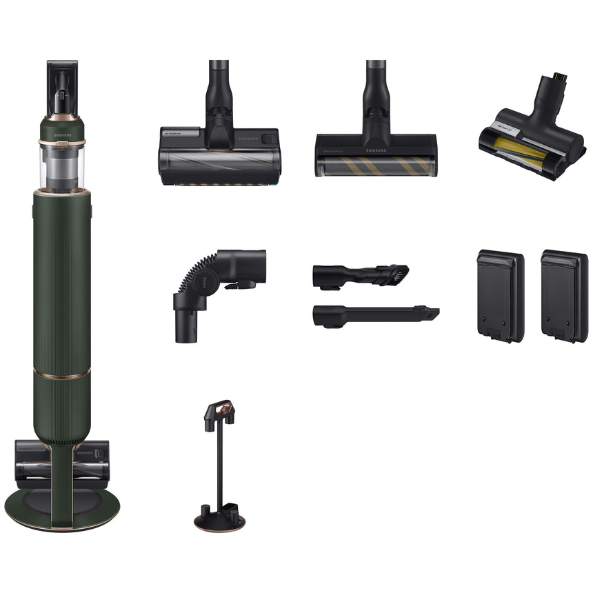 Aspirator vertical Samsung Bespoke Jet One Complete Extra, VS20A95943N/GE, 0.5L, Statie coletare praf 2L, 25.2V, 580W, Digital Inverter, Filtrare 99.99% , Display LCD, Perie covoare, Perie parchet, Perie Pet, Autonomie 120 min, Verde