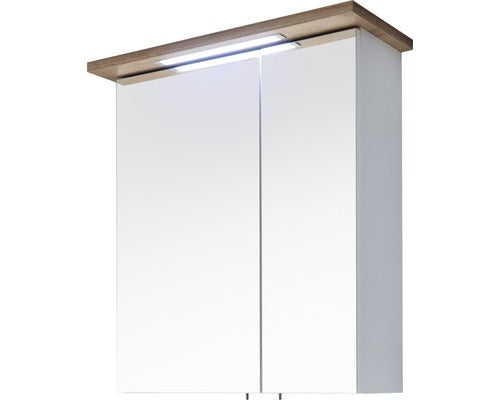 Dulap baie cu oglinda PELIPAL Noventa, 2 usi, iluminare LED, PAL, 72x60 cm, alb lucios/stejar, IP 44