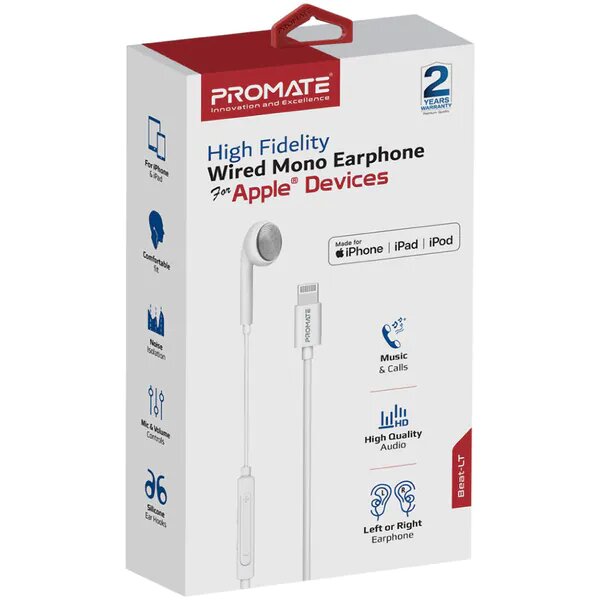 Casca PROMATE Beat-LT, Cu fir, In-ear, Microfon, Lightning, Alb