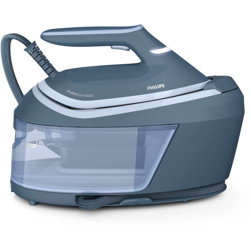 Statie de calcat cu abur Philips PerfectCare seria 6000 PSG6042/20, 2400 W, 8 bari, jet de abur continuu 130 g/min, jet abur 550 g, talpa SteamGlide Advanced, rezervor de apa detasabil de 1.8 l, OptimalTemp, Smart CalcClean, ASO, Albastru
