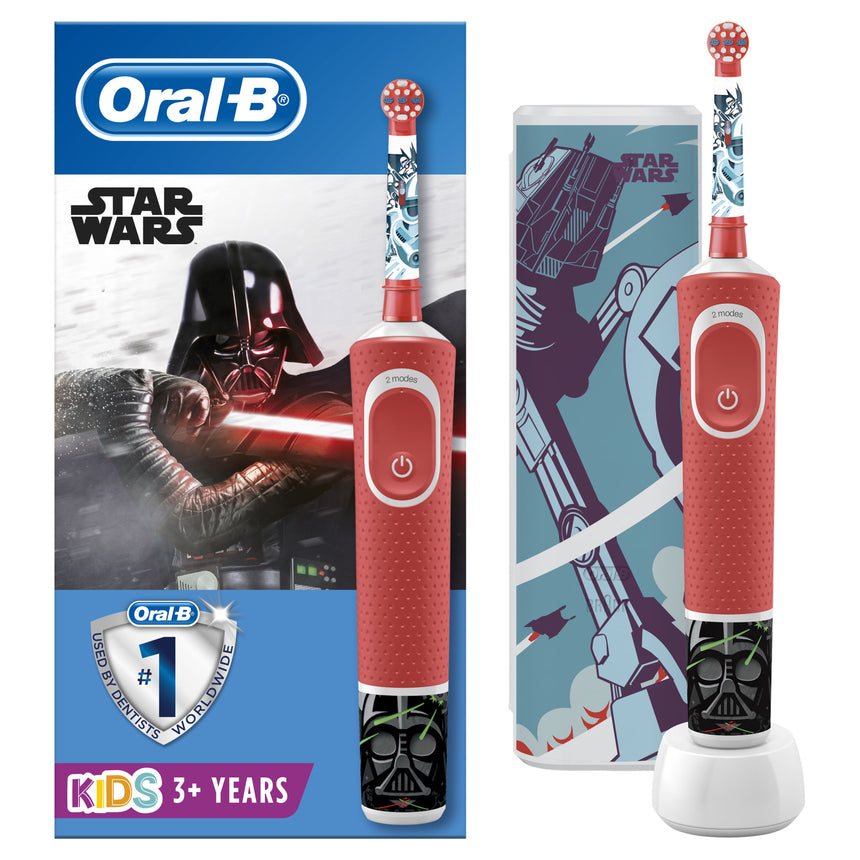 Periuta de dinti electrica Oral-B Vitality Star Wars pentru copii 7600 oscilatii/min, Curatare 2D, 2 programe, 1 capat, 4 stickere incluse, Trusa de calatorie, Rosu