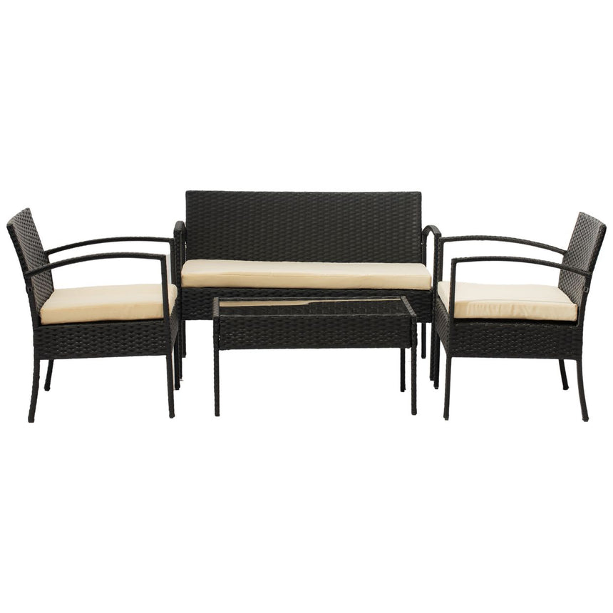 Set mobilier terasa, 2 scaune, canapea, masa, perne pentru sezut, negru si crem
