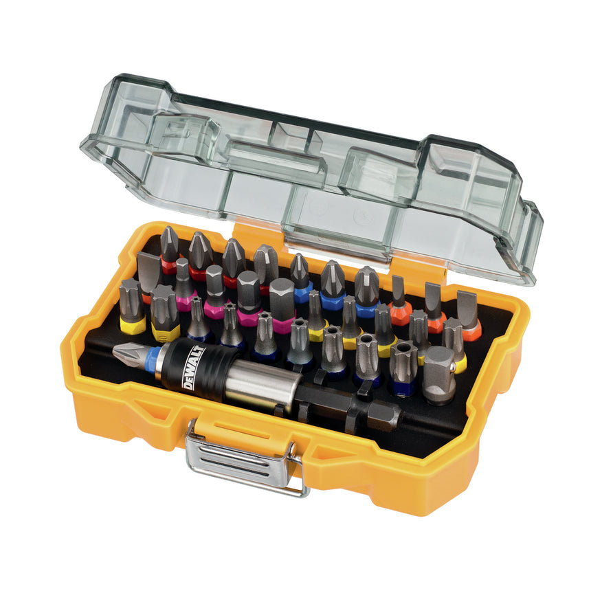Set 31 biti si adaptor surubelnita DeWALT DT7969, pentru gaurire in metal, lemn, plastic, contine cele mai comune dimensiuni de biti, livrat in cutie de plastic extra mica, set de inalta performanta, 32 piese