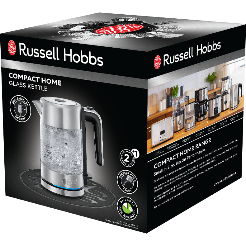 Fierbator Russell Hobbs Compact Home Glass 24191-70, 2200 W, 0.8 L, Sticla, Design compact, Inox