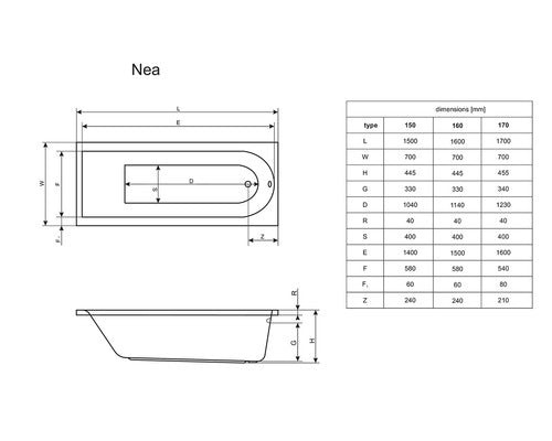Cada de Baie Rectangulara Radaway Nea, 150x70x44,50 cm, Acril, WA1-02-150x070U, Alb