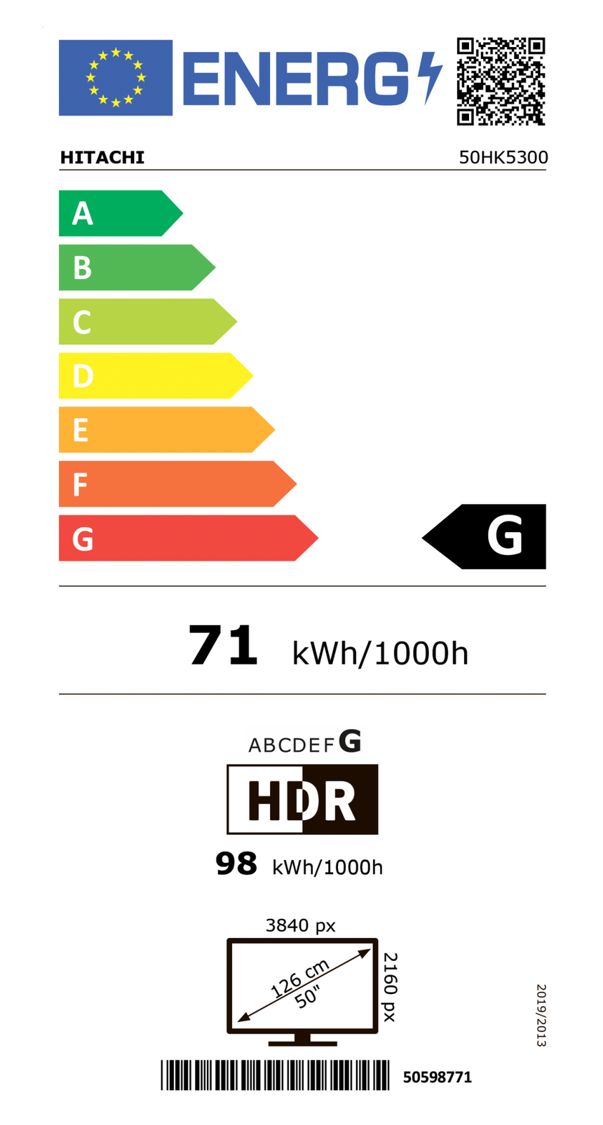 Televizor LED Smart HITACHI 50HK5300, Ultra HD 4K, 126 cm, Clasa G, Negru