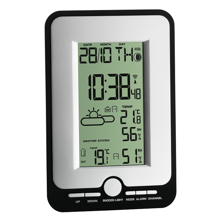 Statie meteo digitala Multi cu senzor extern wireless TFA S 35.1134.10, Nivel confort, Functie Min/Max, Simbol meteo, Tendinta temperatura, Alarma temperatura, Ceas controlat radio, Data, Faze luna, Lumina fundal
