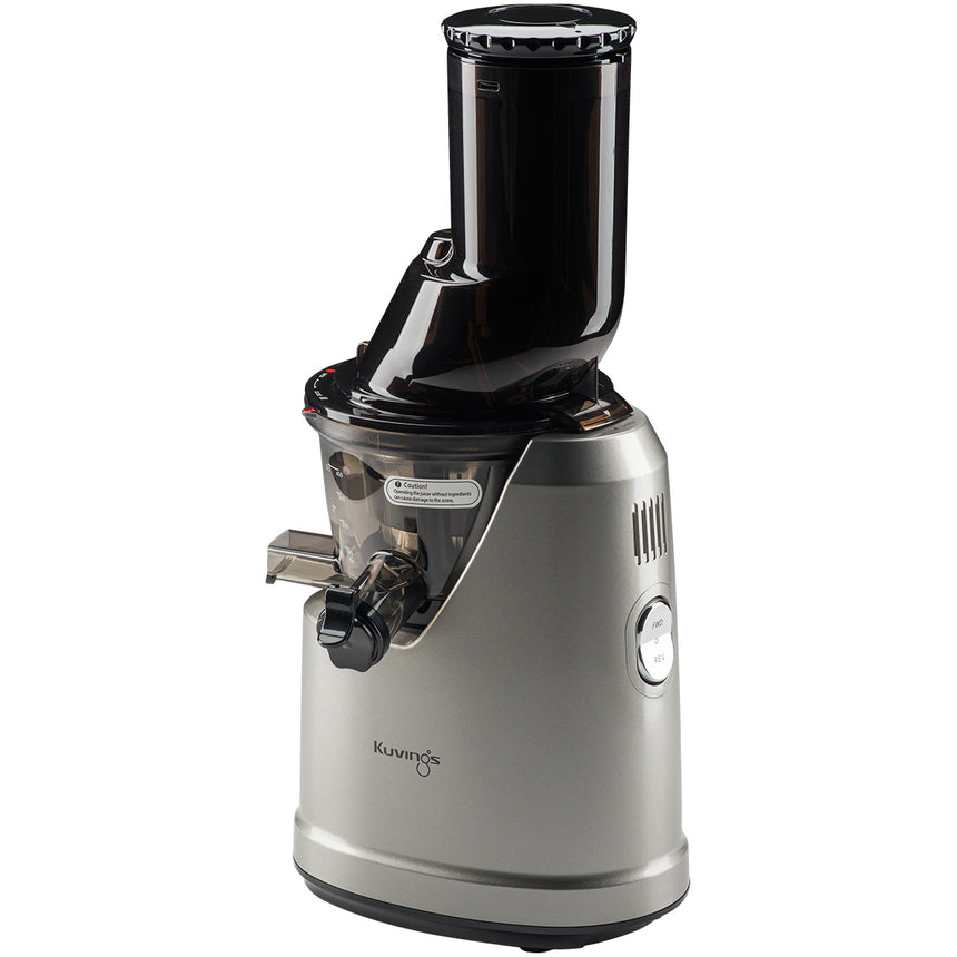 Storcator de fructe si legume cu presare la rece Kuvings B1700, 240 W, 60 rpm, Recipient suc 0.4 L, Tub de alimentare 76mm, Functie reverse, Argintiu