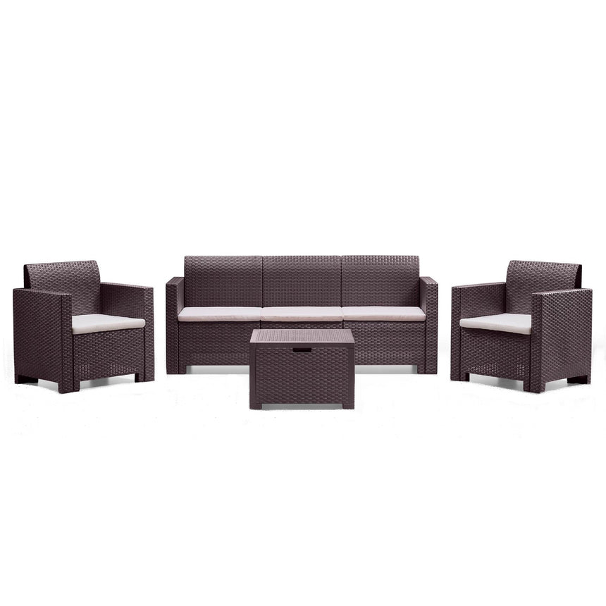 Set mobilier gradina/terasa Nebraska, canapea 3 locuri + 2 fotolii + masuta depozitare, perne incluse, maro