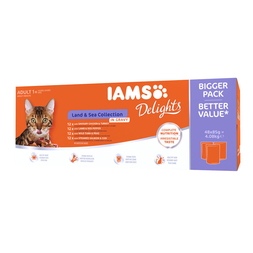 Hrana umeda pentru pisici IAMS Delights Multibox, Land & Sea, in Sos, 48x85g