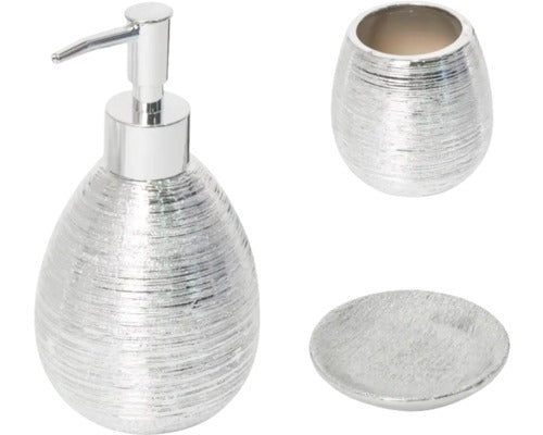 Set Dozator Sapun Lichid, Sapuniera Si Pahar Ceramica Argintiu