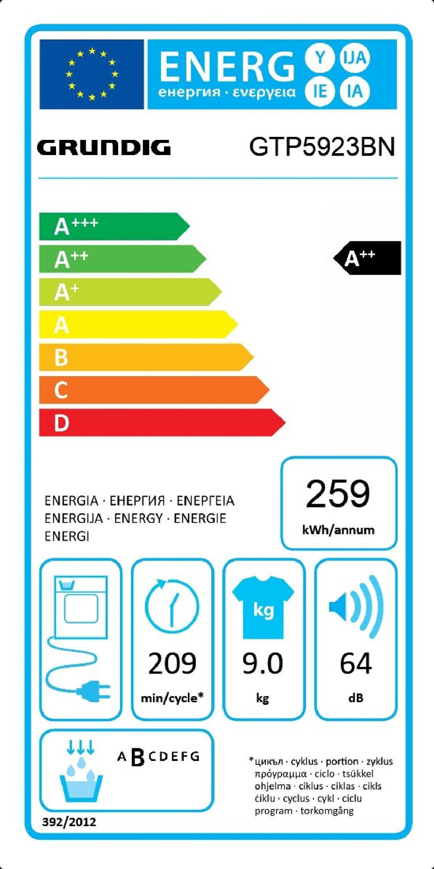 Uscator de rufe GRUNDIG GTP5923BN, Pompa de Caldura, 9 kg, 15 Programe, Clasa A++, Alb