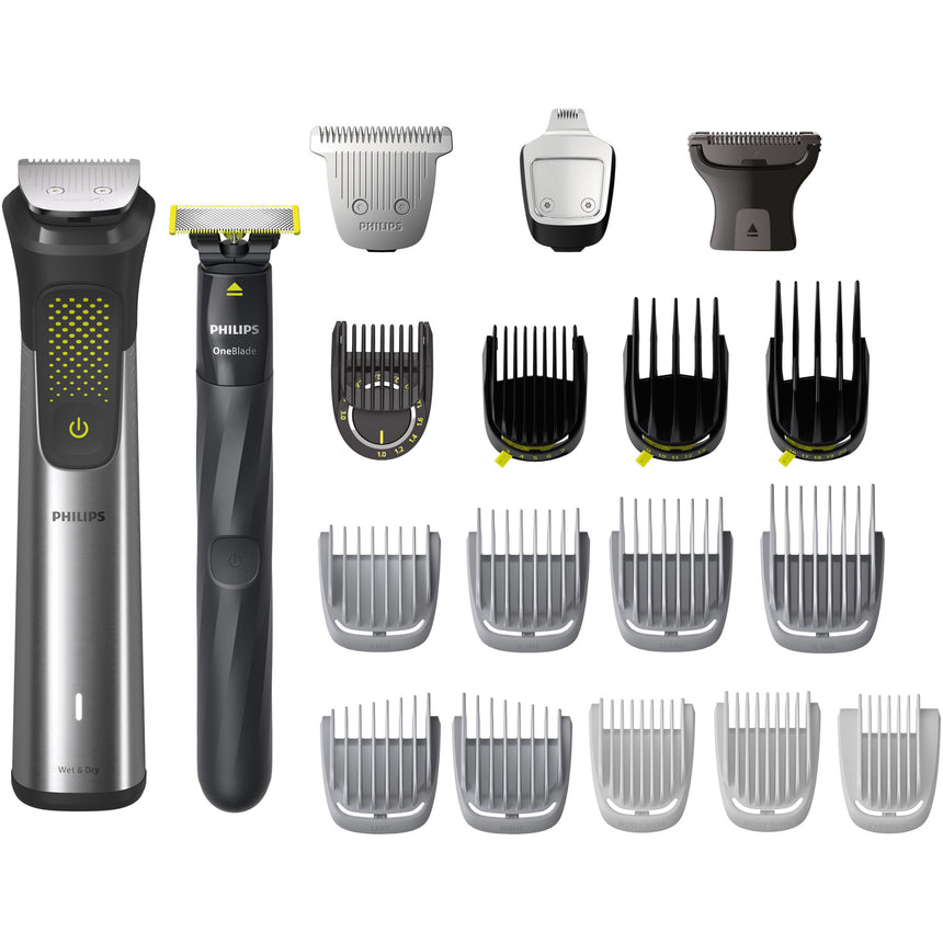 Aparat de tuns barba & parul de pe cap si corp 20in1 PHILIPS All-in-One MG9553/15 +OneBlade, autonomie 120 min, 27 setari lungime: 0,2 mm OneBlade& 0,5-20 mm All-in-One, 3 capete trimmer specializate (detalii, corp, extra-lat), husa cu fermoar, waterproof