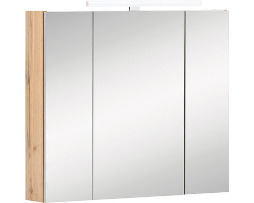 Dulap Baie cu Oglinda Karla, 3 Usi, Iluminare LED, PAL, 80x75 cm, Stejar Deschis