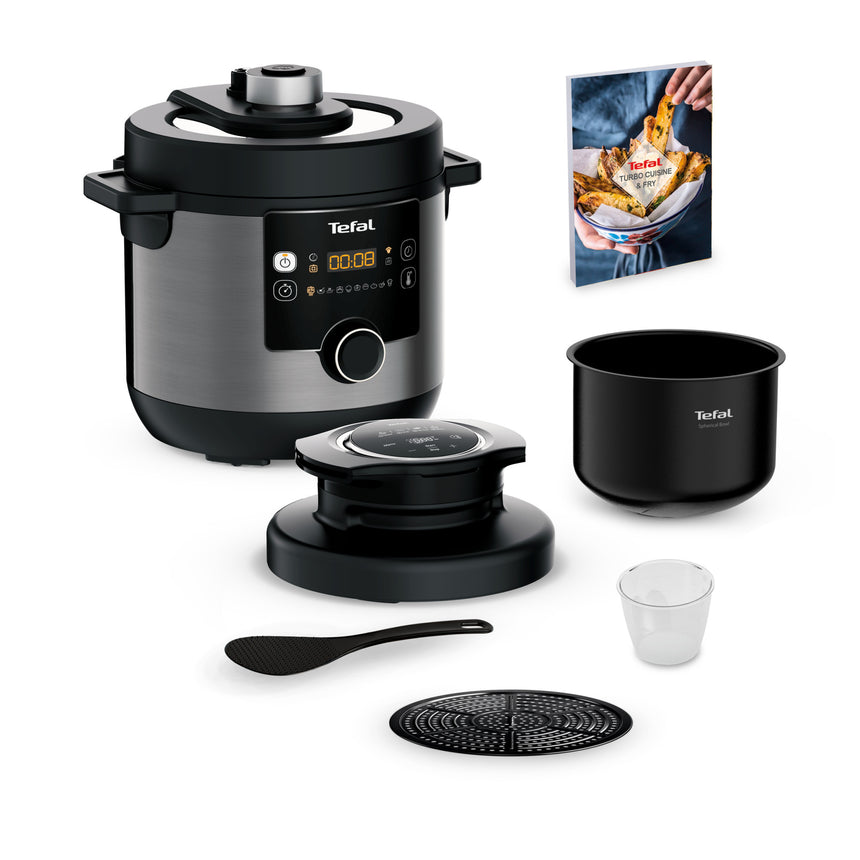 Oala sub presiune electrica Tefal Turbo Cuisine & Fry CY778830, 1200W, Tehnologie Spherical Bowl, capacitate 7.6L, pastrare la cald, invelis antiaderent, negru & gri