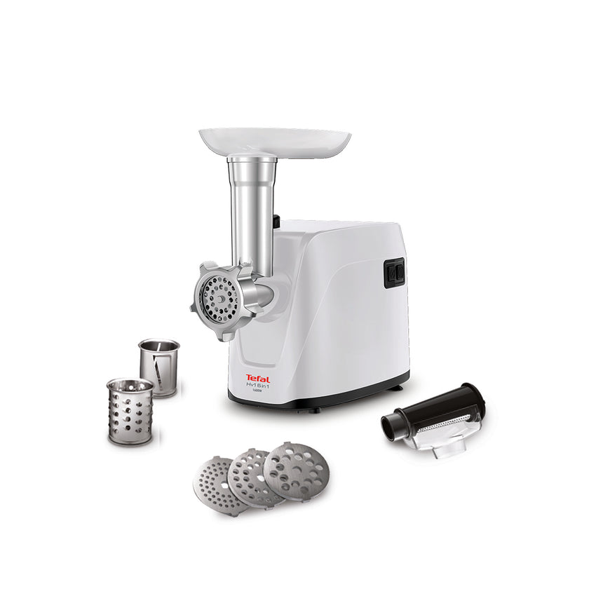 Masina de tocat Tefal HV1 NE113135, 1600W, 1.9kg/min, accesoriu pentru rosii, 3 site metalice, conuri pentru razuit, functie reverse, Alb