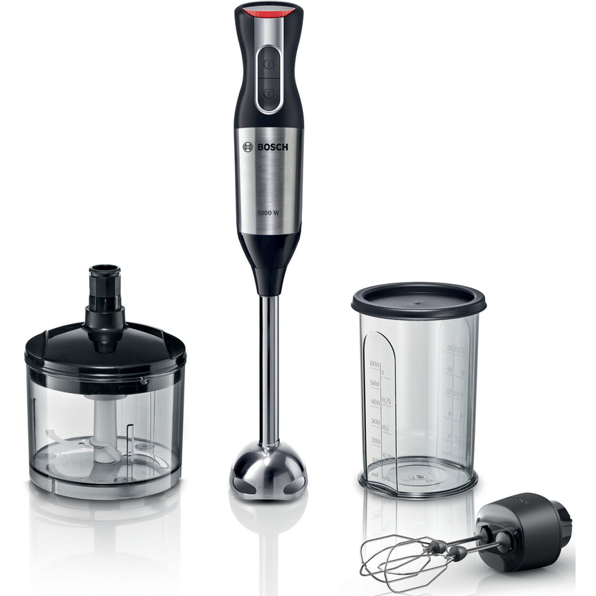 Mixer vertical Bosch ErgoMixx Style MS6CM6157, 1000 W, accesoriu cu 2 teluri, chopper, 12 trepte de putere si functie Turbo, Inox