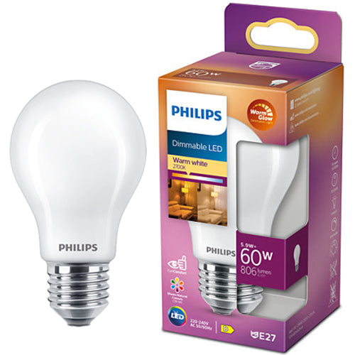 Bec LED Philips Classic A60, putere reglabila,E27, 5.9W (60W), 806 lm, lumina calda (2200-2700K), clasa energetica D