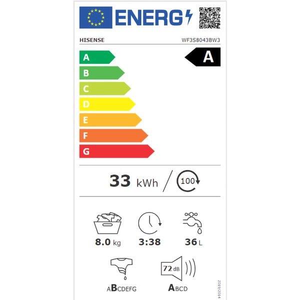 Masina de Spalat Rufe Frontala HISENSE WF3S8043BW3, Steam, 8 kg, 1400rpm, Clasa A, Wi-Fi, Alb