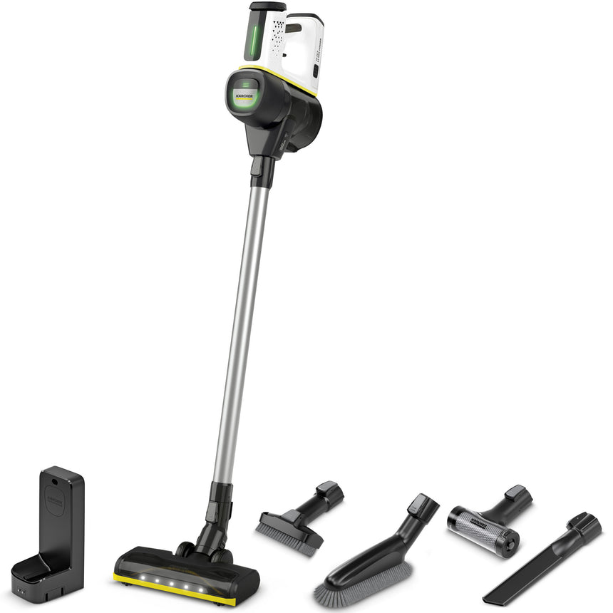 Aspirator vertical Karcher VC 7 Cordless yourMax, 350 W, acumulator 25,2 V/2,5 Ah, autonomie max. 60 min, 2 trepte de putere, recipient 0,8 l, filtru HEPA 12, duza activa cu LED, functie Boost, senzor de praf, 1.198-710.0, Alb/Negru
