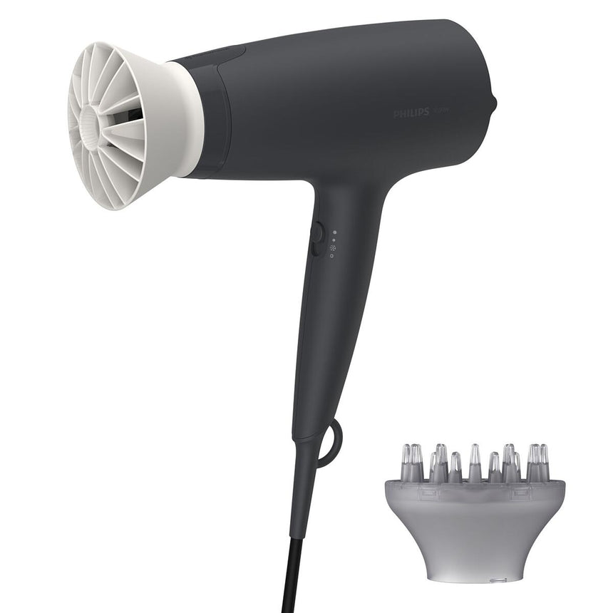 Uscator de par Philips BHD302/30, 1600W, accesoriu Thermo Protect, 3 setari de temperatura, difuzor, Negru