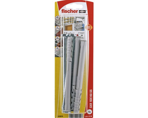 Dibluri Plastic Cu Surub Fischer Sxr 10x140 Mm, 4 Bucati, Cap Hexagonal, Pentru Rame/tocuri