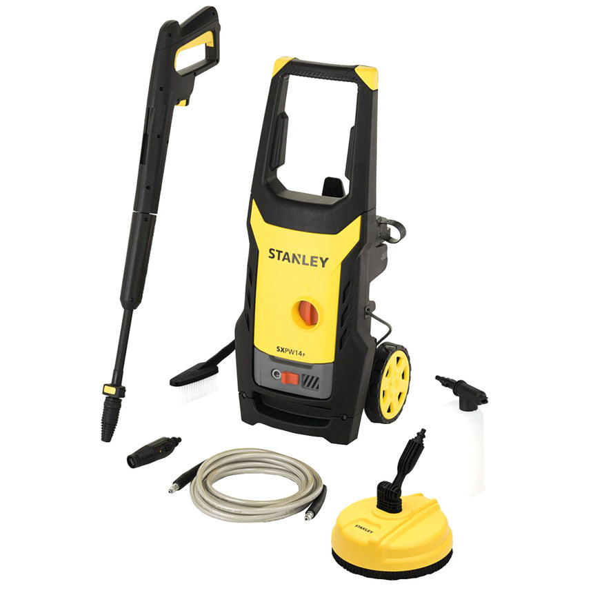 Aparat de spalat cu presiune Stanley, 1.4 kW, 110 bar, 390 L/H, accesorii incluse: perie auto, floor brush, lance, pistol, bidon detergent, furtun 5 m