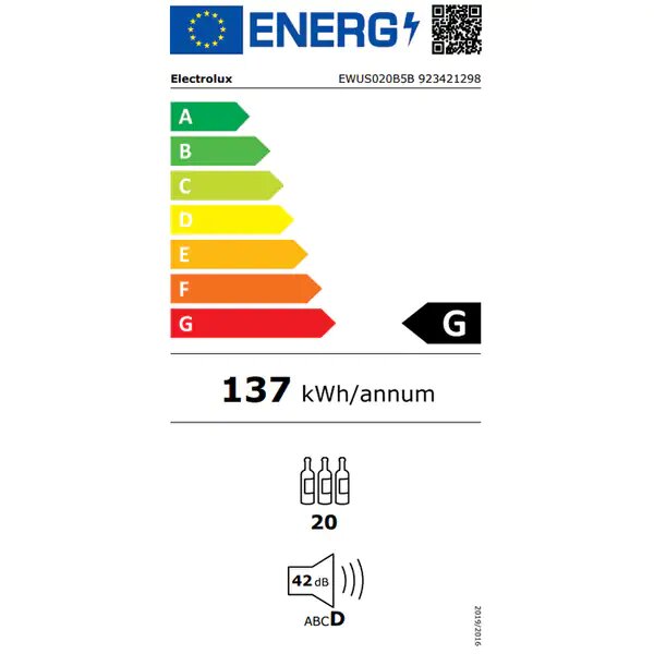 Racitor de vinuri Electrolux EWUS020B5B, 20 sticle, Rafturi lemn, Control electronic, Clasa G, H 82 cm, Negru