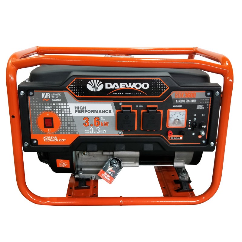 Generator curent electric cu stabilizator de tensiune (AVR) Daewoo GDK3600, 8 CP, 3600 W, 225 CC, monofazic, protectie termica, senzor ulei, roti transport, 15 l benzina, 8 h autonomie maxima