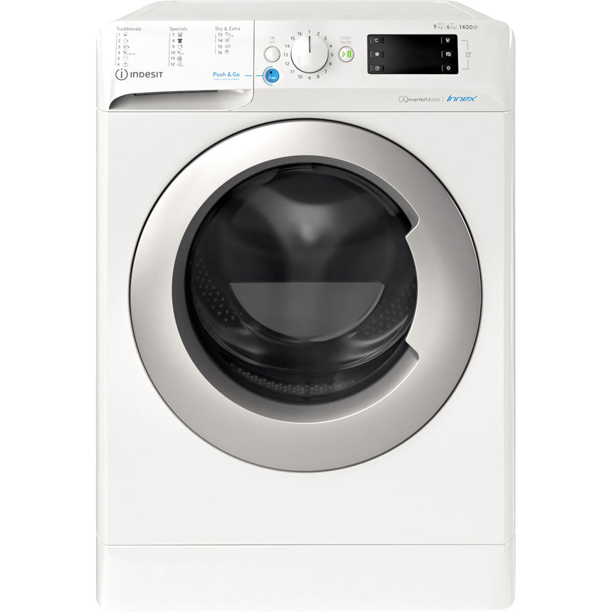Masina de spalat rufe cu uscator Indesit INNEX BDE964359EWSEU, 9 kg spalare, 6 kg uscare, 1400 rpm, Clasa B, Motor Inverter, Display Digital, Alb