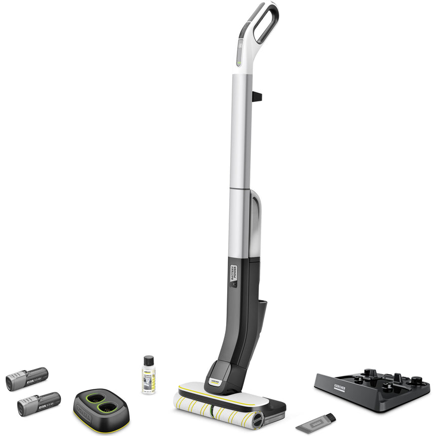 Mop electric Karcher FC 4-4 Battery Set, rezervor apa curata/murdara 400/200 ml, 2 acumulatori interschimbabili 4 V, autonomie 30 min, incarcator rapid Duo, detergent 30 ml, 1.056-400.0, Alb/Negru